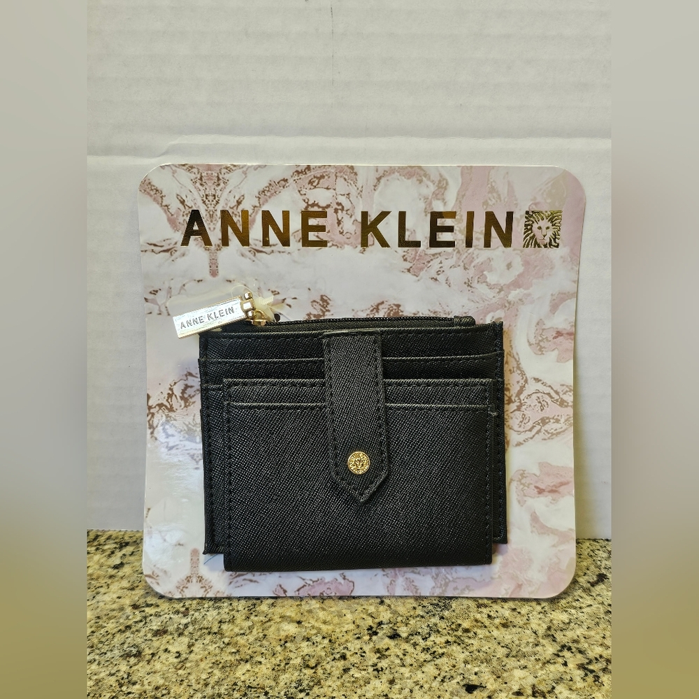 Anne Klein Black Pegged Card Case with Gold Detail NWT